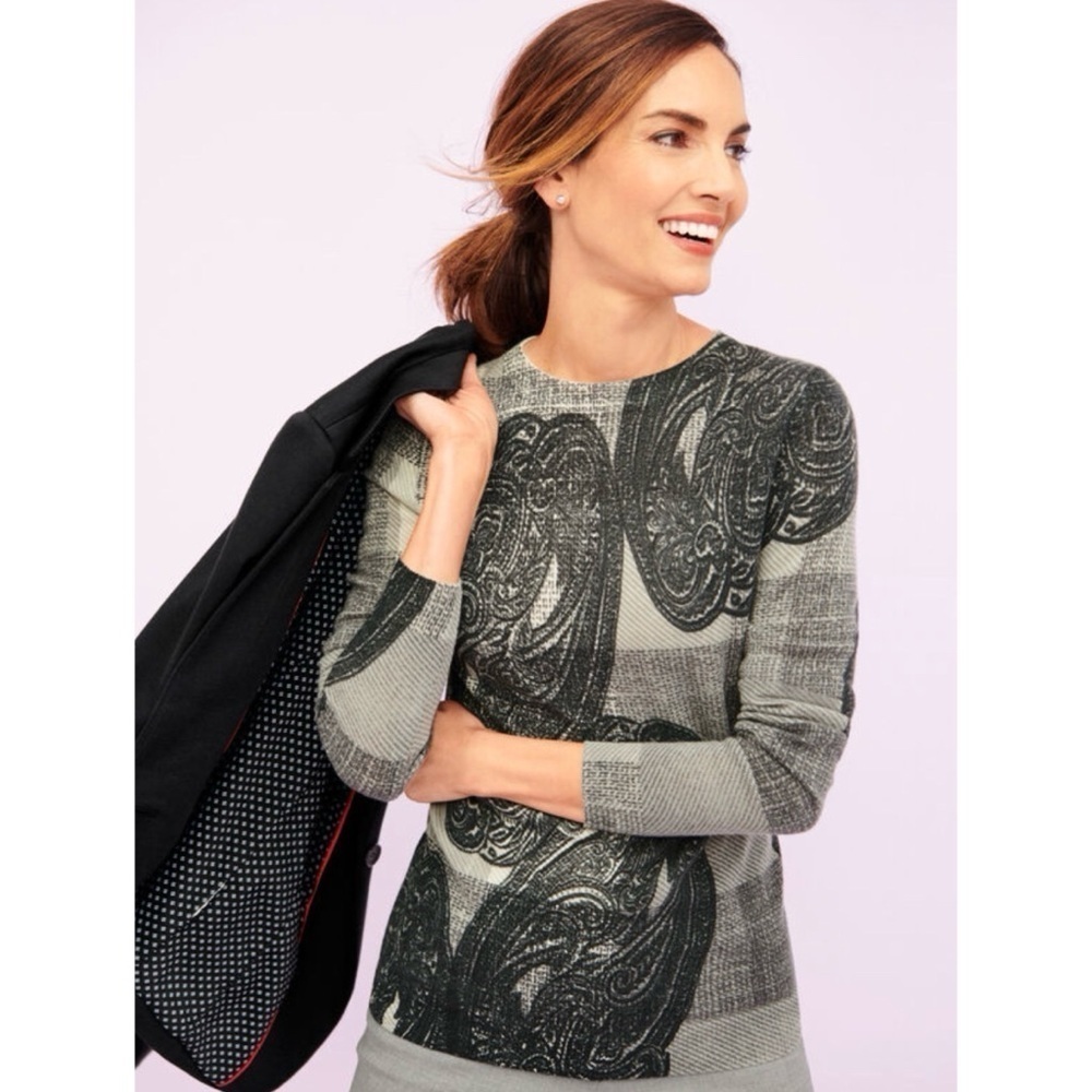 Nwt Talbots Merino Wool Sweater Paisley Grey Print Thin Soft Stretch Warm 3x